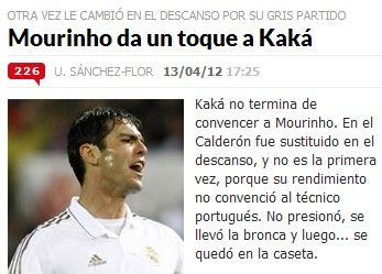 《馬卡報》截屏:穆帥因不滿卡卡防守態度將其提前換下